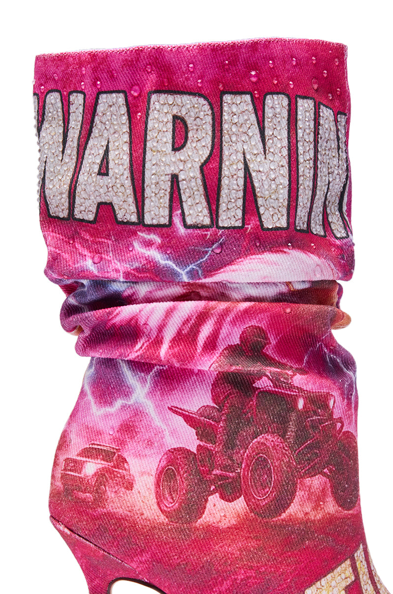 AKIRA GOLD FORMIDABLE PINK MULTI ABSTRACT OPEN TOE BOOTIE