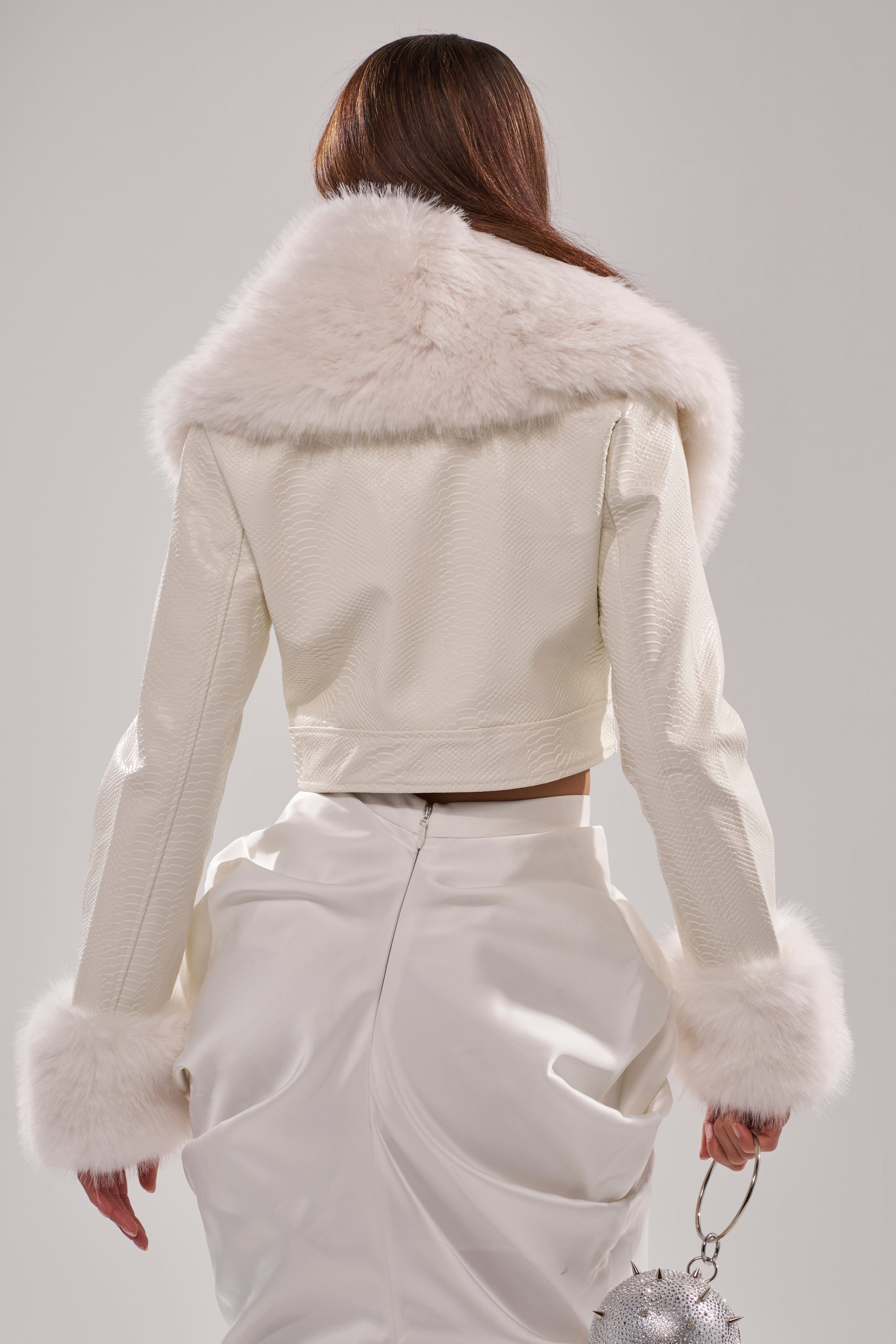 GISELE FUR TRIM MOTO IN WHITE CROC