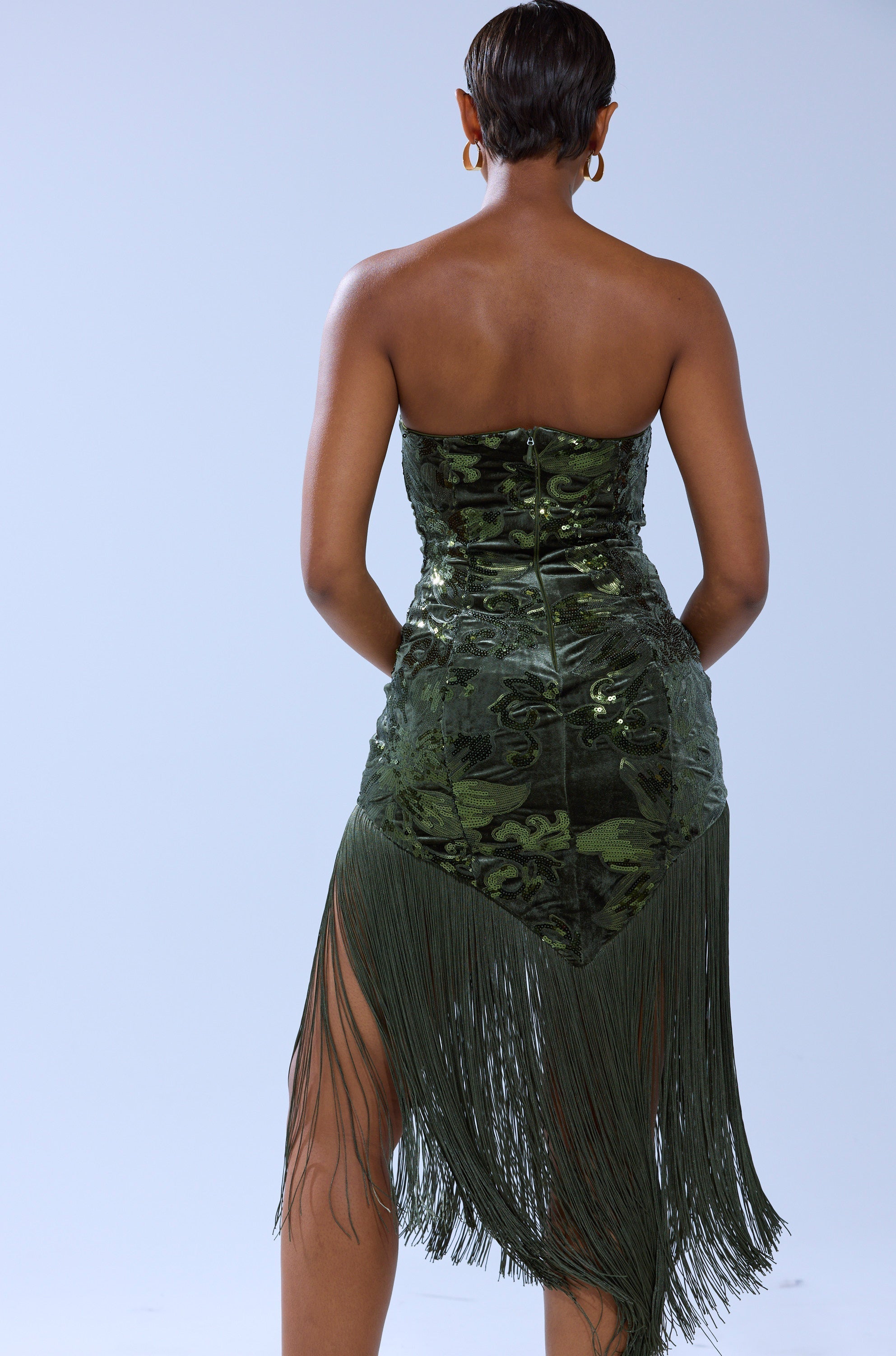 SOFIA VELVET FRINGE PRINTED MIDI DRESS