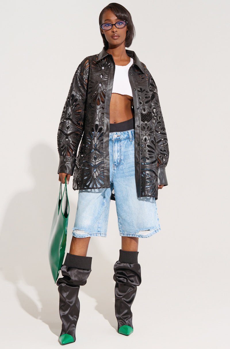 FEEL THE VIBE BUTTON DOWN FAUX LEATHER BLOUSE