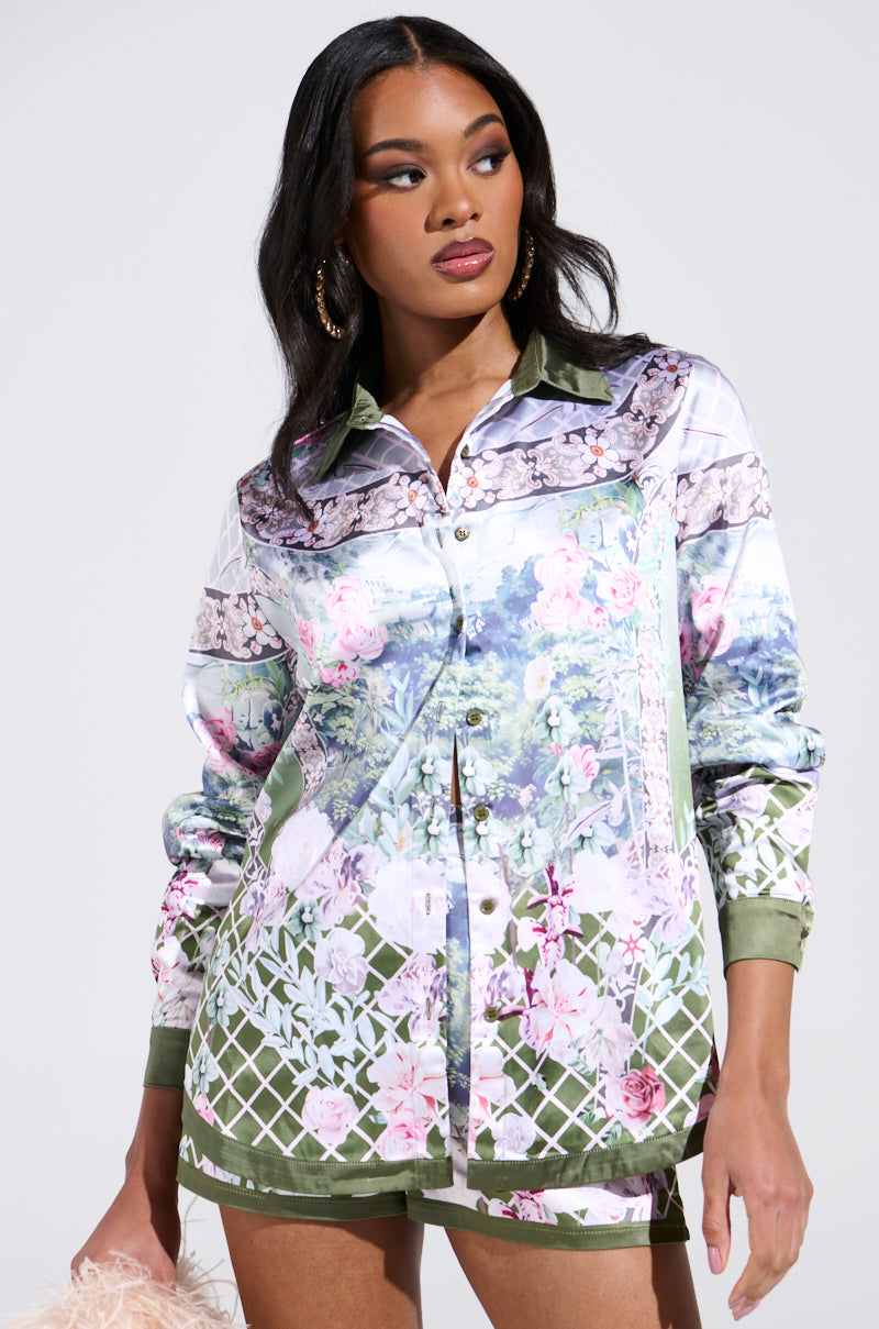 FLOWER PARTY SATIN BUTTON UP SHIRT