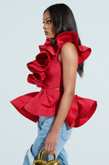 MISS FASHIONISTA SLEEVELESS RUFFLE PEPLUM BLOUSE IN RED