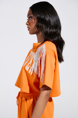 WHATEVER YOU WANT CROPPED RHINESTONE FRINGE TEE