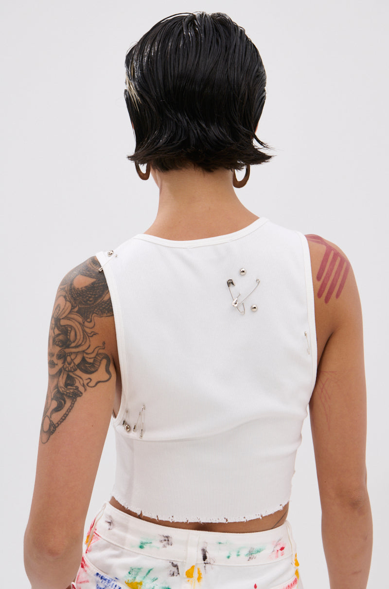 NEVER CARED DISTRESSED CROPPED TANK TOP