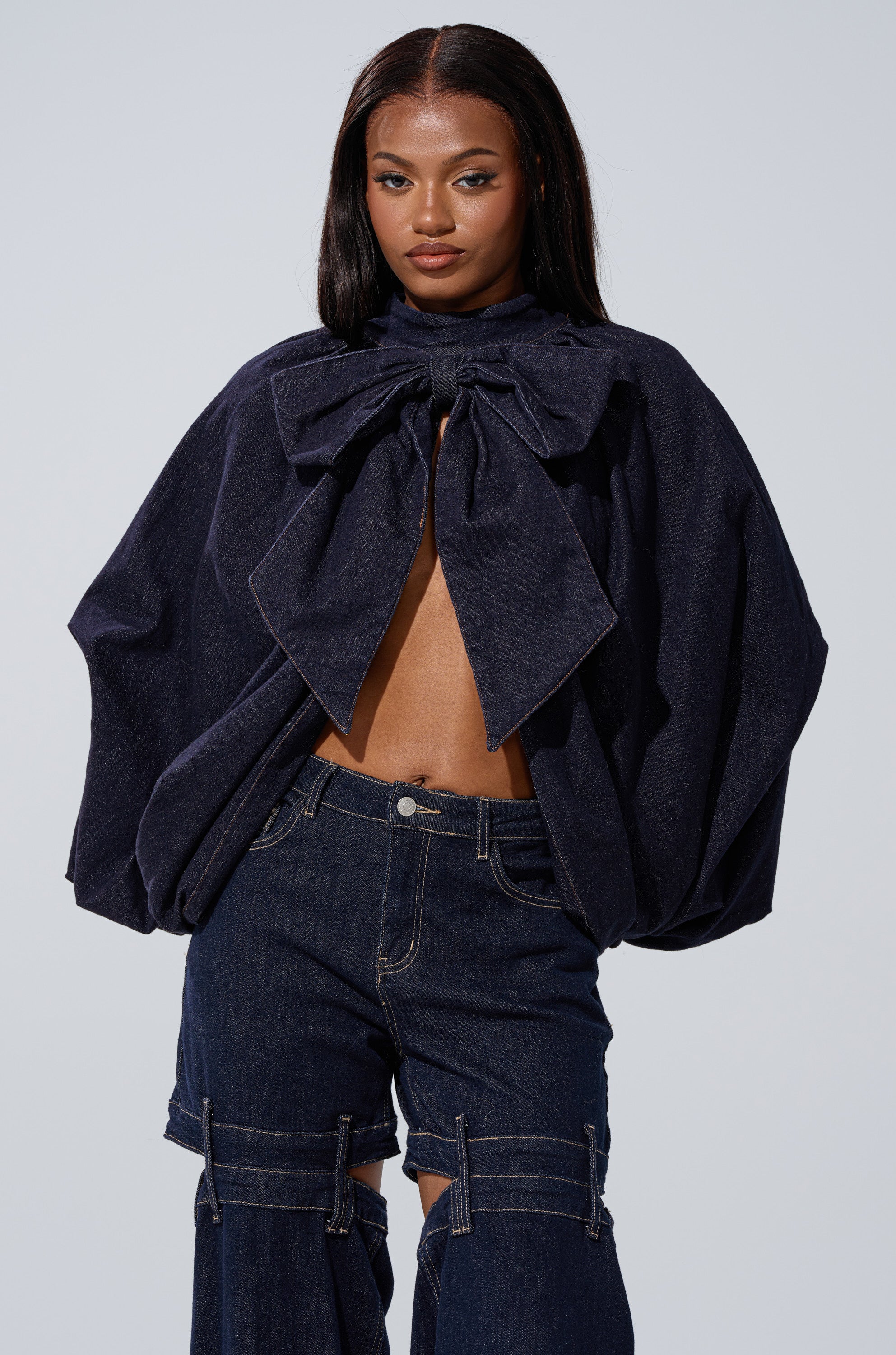 LEAH RUCHED DENIM MOCK NECK TOP IN DARK BLUE DENIM