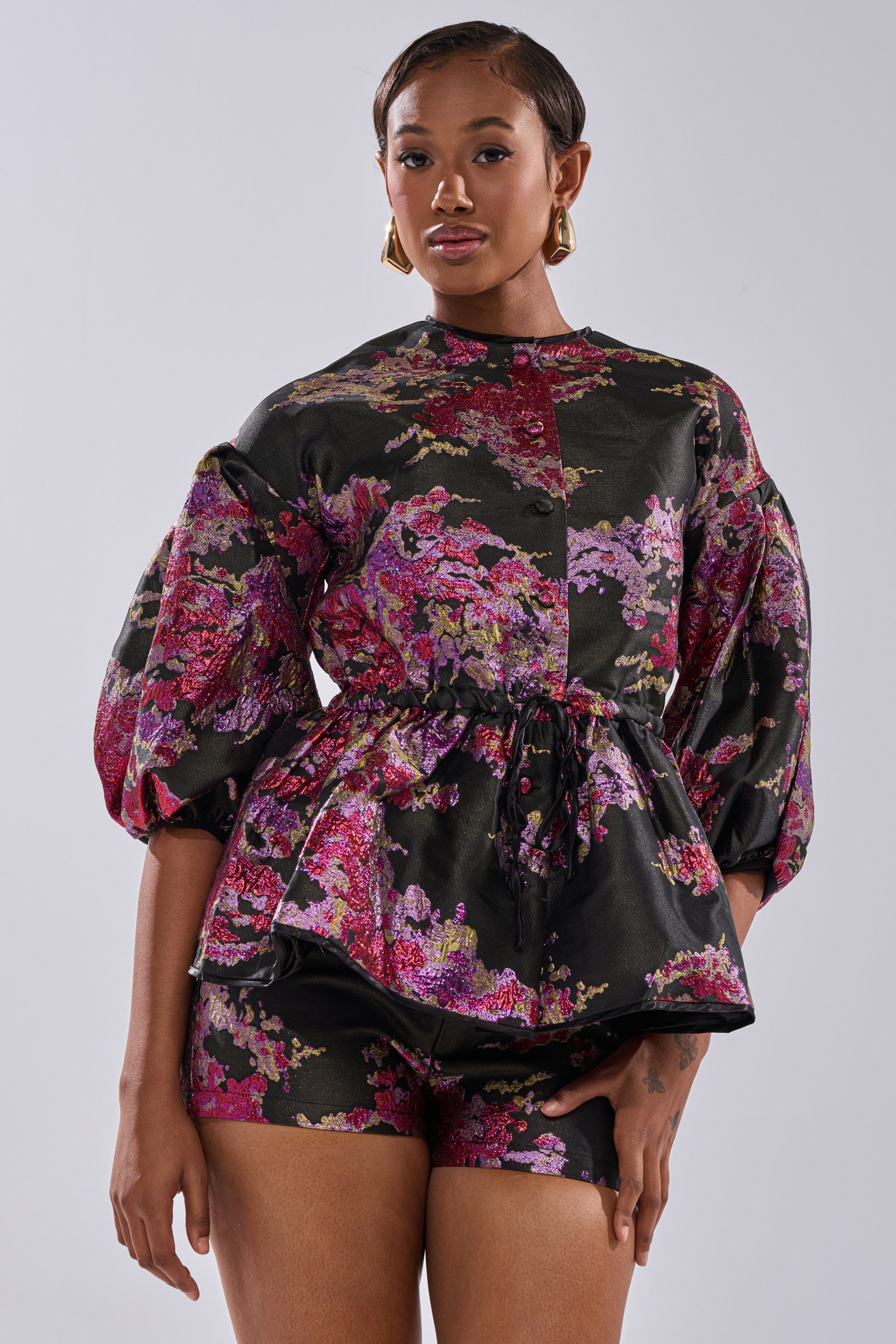 ETHEREAL BROCADE SHORT SLEEVE BLOUSE IN PINK