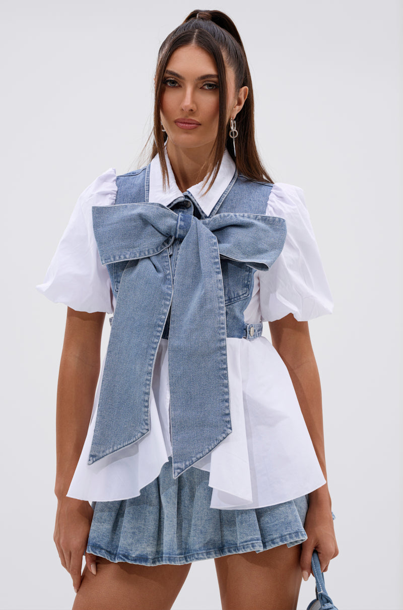 FAITH SHORT SLEEVE DENIM TIE POPLIN BLOUSE TOP
