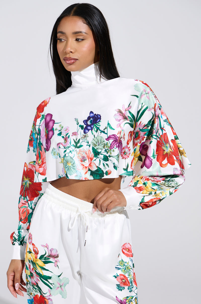 FULL BLOOM SATIN MOCK NECK BLOUSE IN WHITE