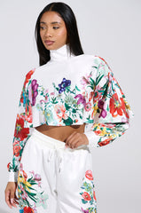 FULL BLOOM SATIN MOCK NECK BLOUSE IN WHITE