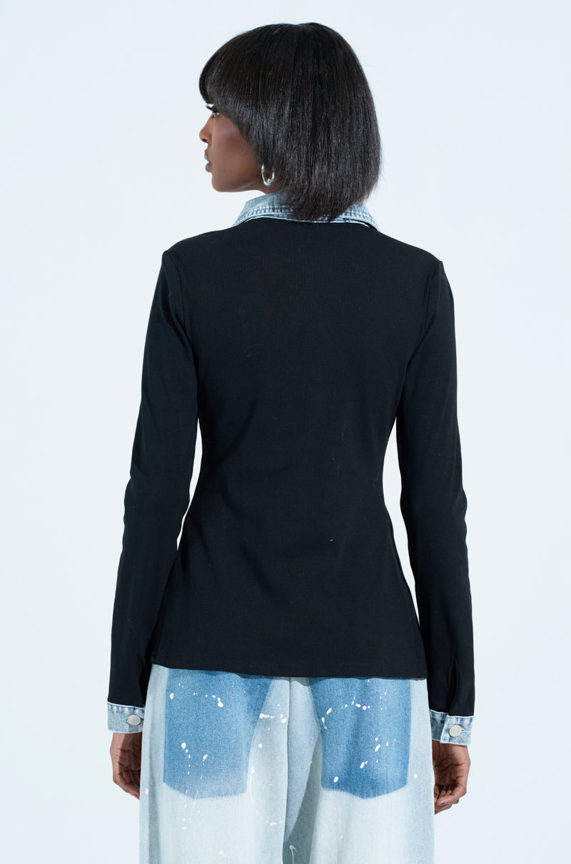 RIB KNIT DENIM TRIM BUTTON DOWN COLLARED SHIRT IN BLACK