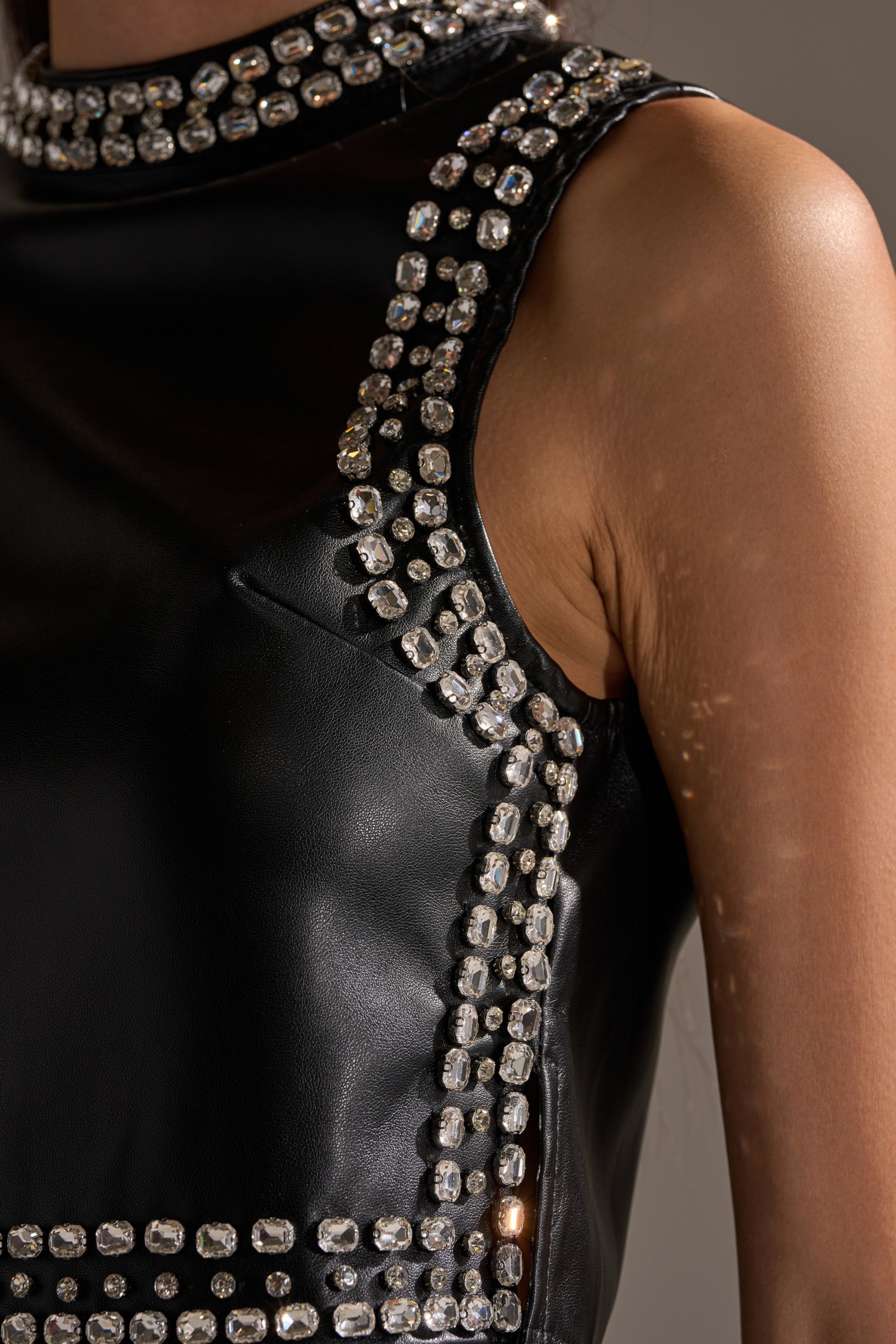 DANCE THE NIGHT AWAY FAUX LEATHER RHINESTONE BLOUSE