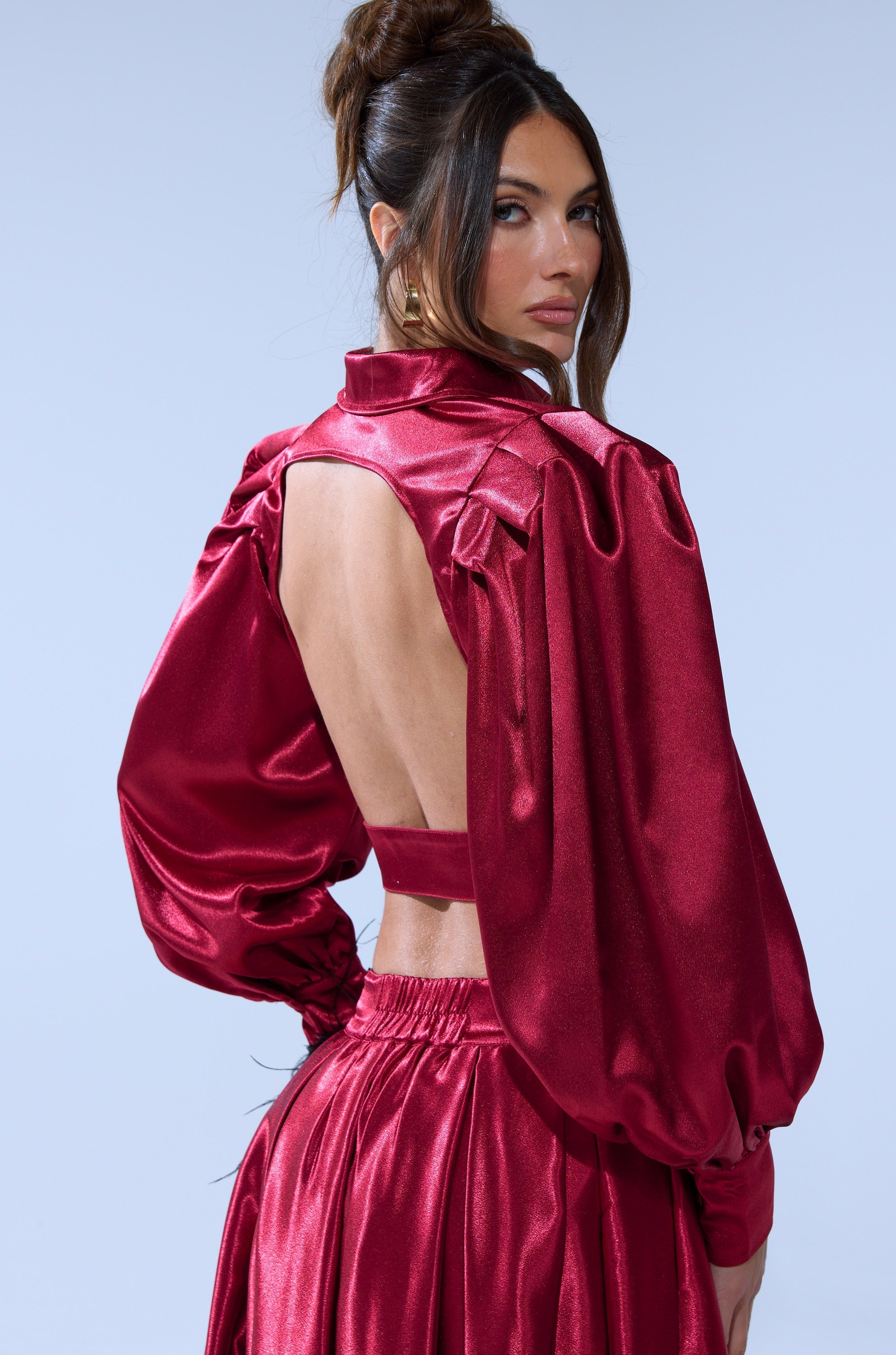 CANDICE OPEN BACK SATIN BUTTON DOWN SHIRT