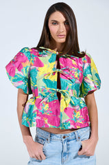CARIBBEAN VIBES BROCADE TIE FRONT BLOUSE
