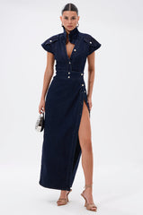 CHELSEA BUTTON SIDE DENIM MAXI DRESS