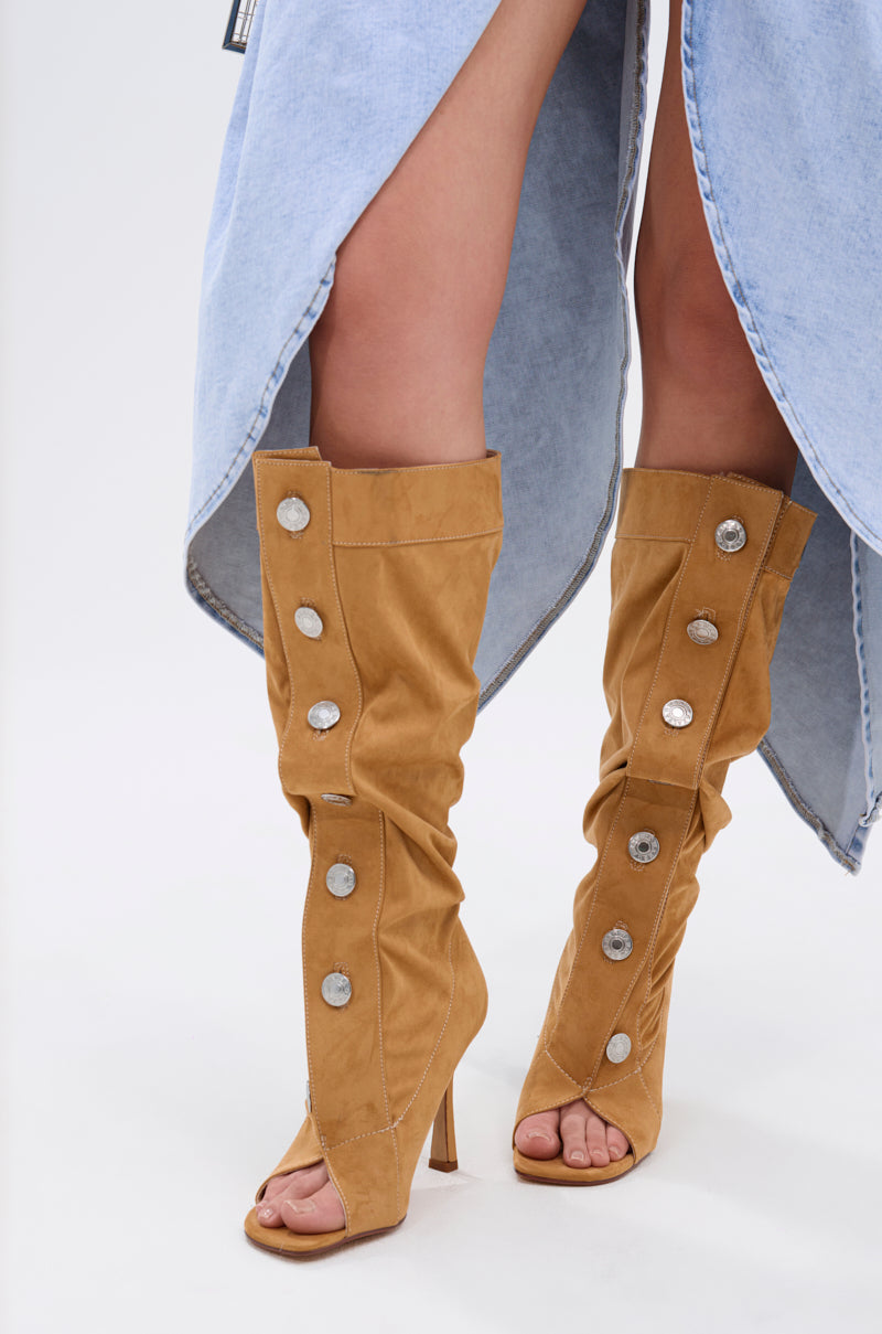 AZALEA WANG KAZUKI TAN SLOUCHY SUEDE OPEN TOE BOOT