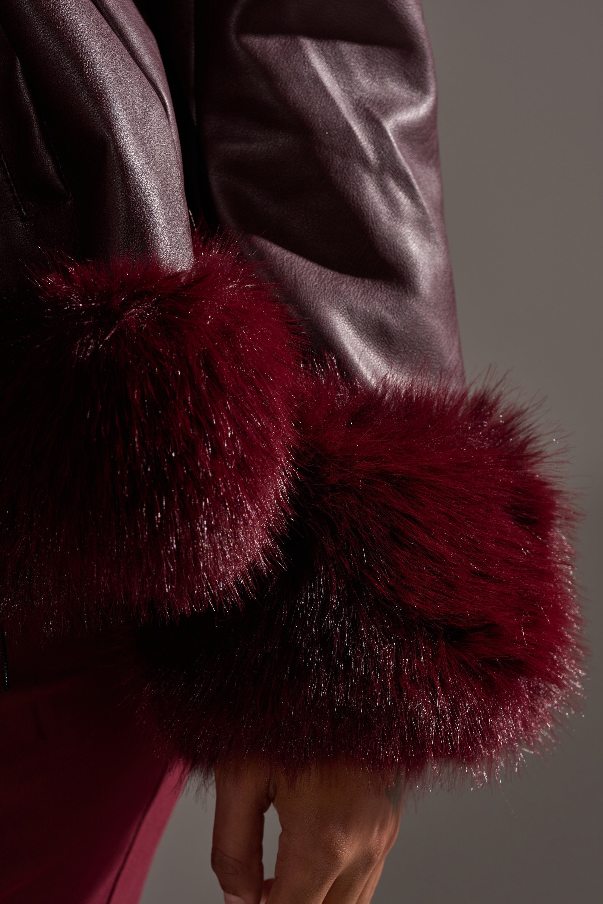 KENZY FUR TRIM MOTO IN BURGUNDY