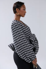 GIRL PLEASE HOUNDSTOOTH TIE-FRONT BLOUSE