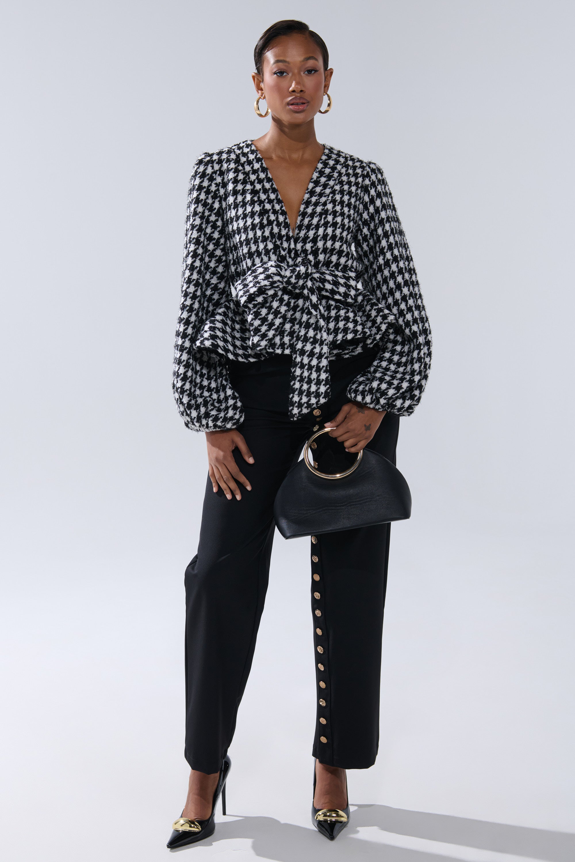 GIRL PLEASE HOUNDSTOOTH TIE-FRONT BLOUSE