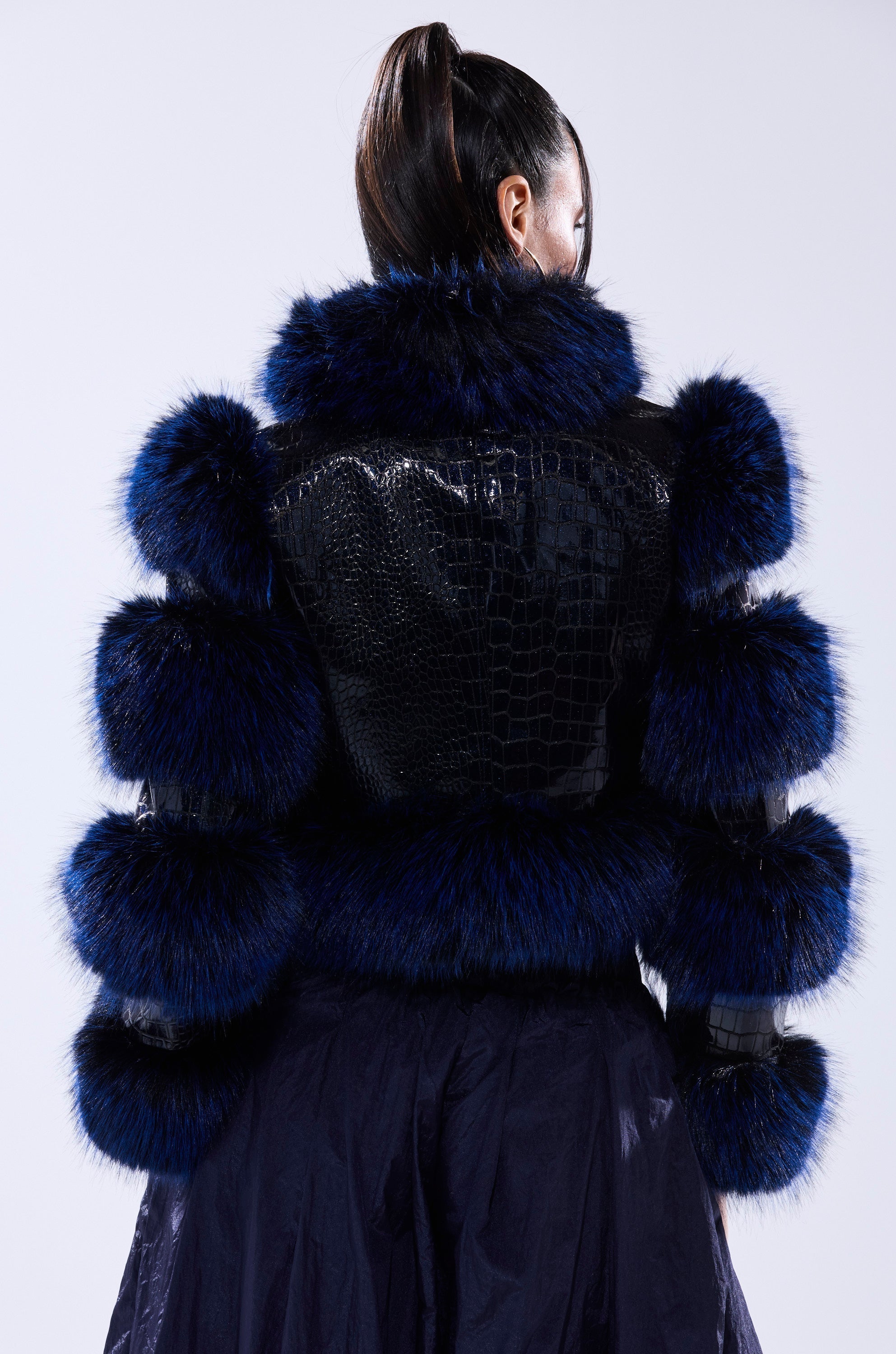 LOVERBOY FUR TRIM MOTO IN NAVY CROC