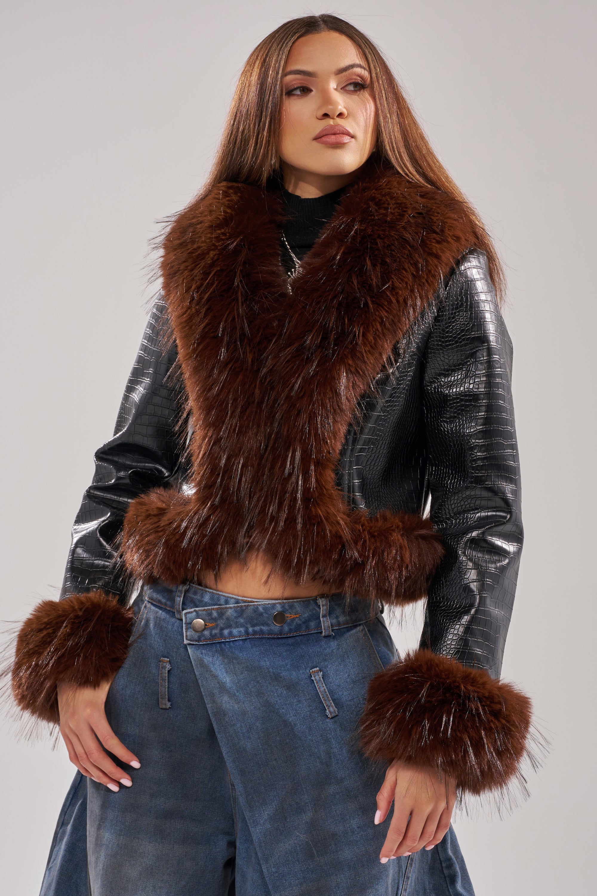 LUNNA FUR TRIM MOTO IN BLACK CROC
