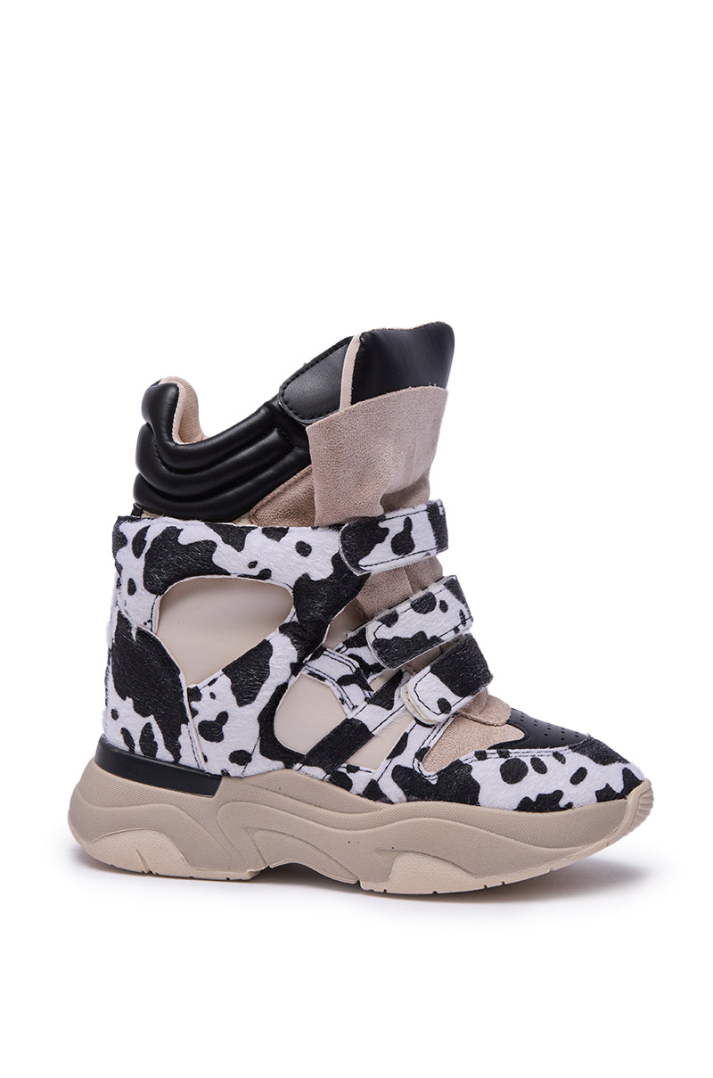 MARANTO BLACK COW PRINT WEDGE SNEAKER