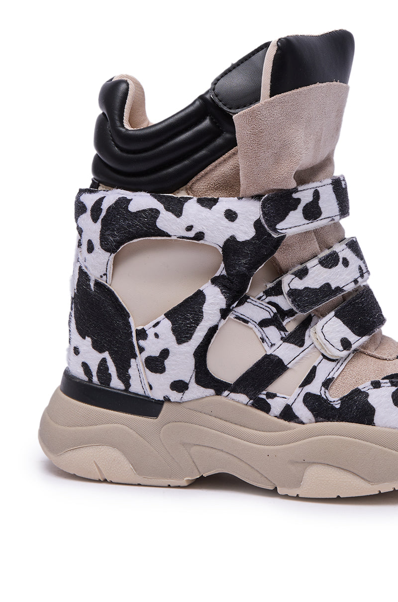 MARANTO BLACK COW PRINT WEDGE SNEAKER