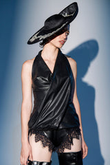 KRISTIN FAUX LEATHER HALTER BLOUSE IN BLACK