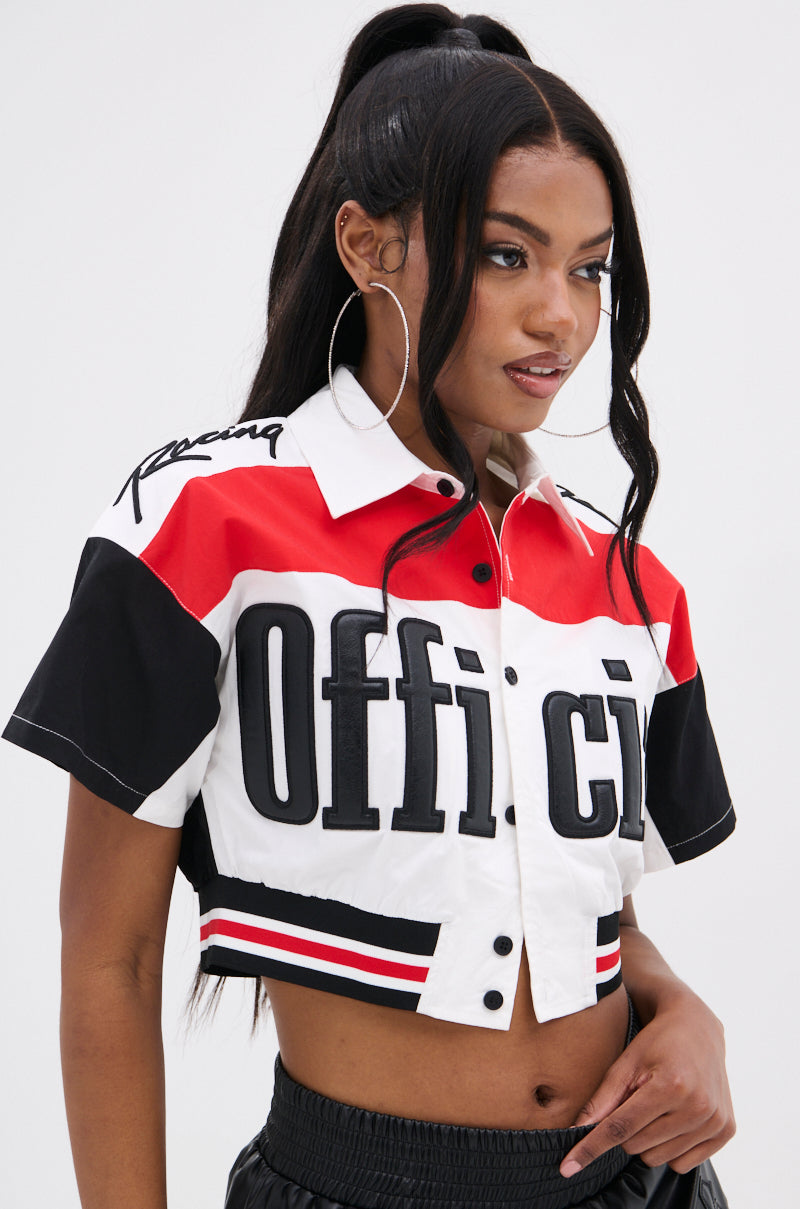 OFFICIAL DUTY CROPPED BUTTON DOWN TOP