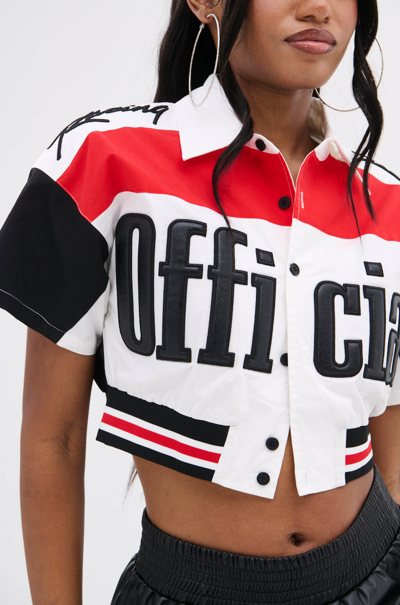 OFFICIAL DUTY CROPPED BUTTON DOWN TOP