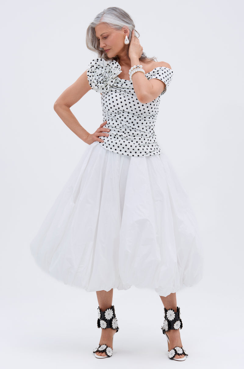 RUCHED POLKA DOT OFF THE SHOULDER TOP