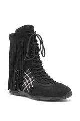 AZALEA WANG ZITHER BLACK FLAT FRINGE BOOTIE