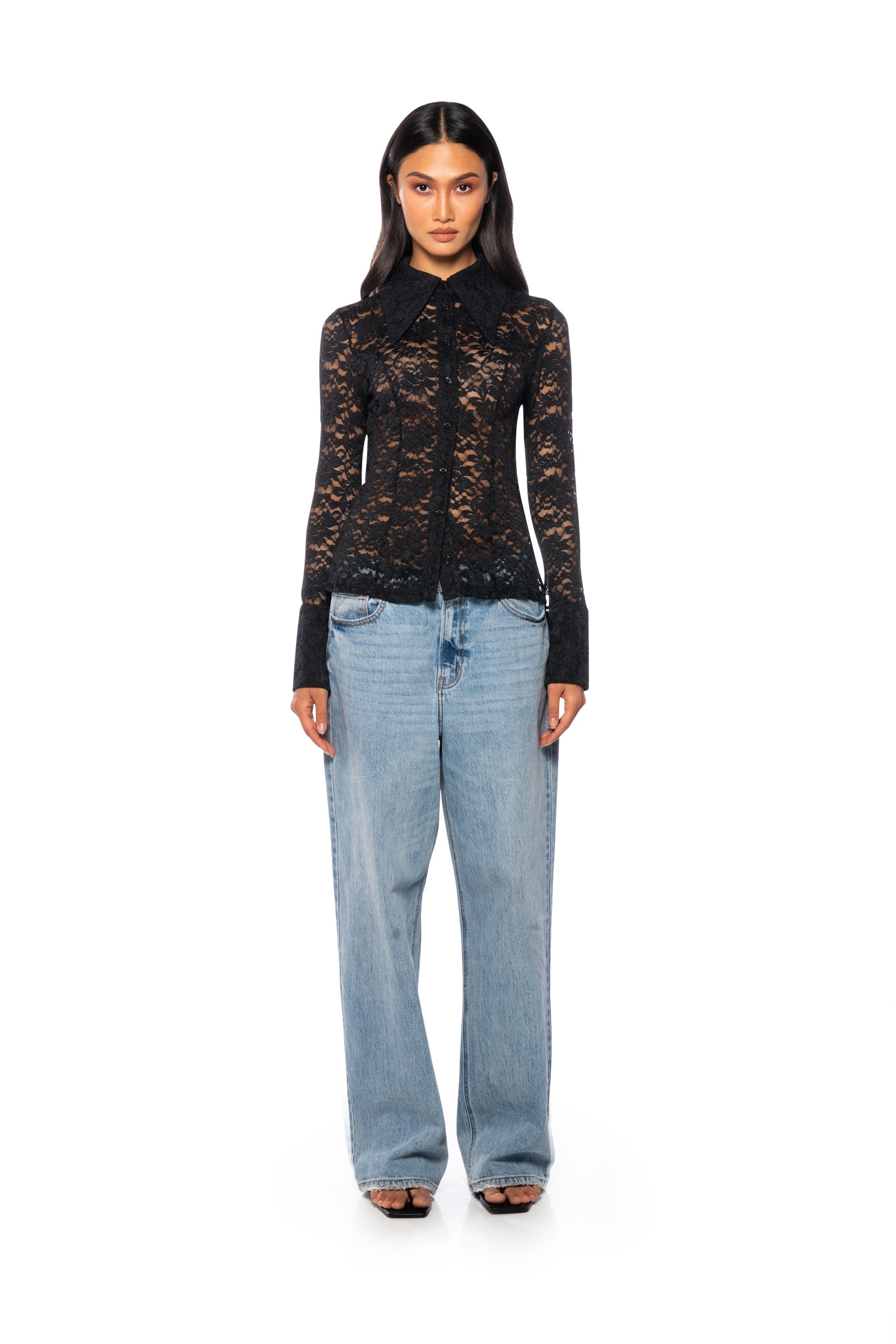 A SNEAK PEEK BUTTON DOWN LACE BLOUSE