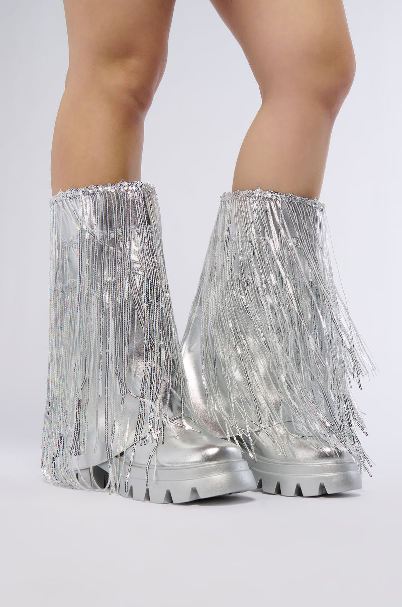 AZALEA WANG CYNDRA SILVER FRINGE BOOT