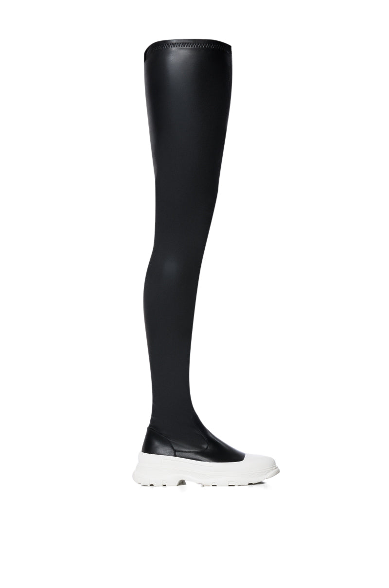 AZALEA WANG OH MY LOVE FAUX LEATHER THIGH HIGH FLATFORM SNEAKER BOOT WITH 4 WAY STRETCH IN BLACK