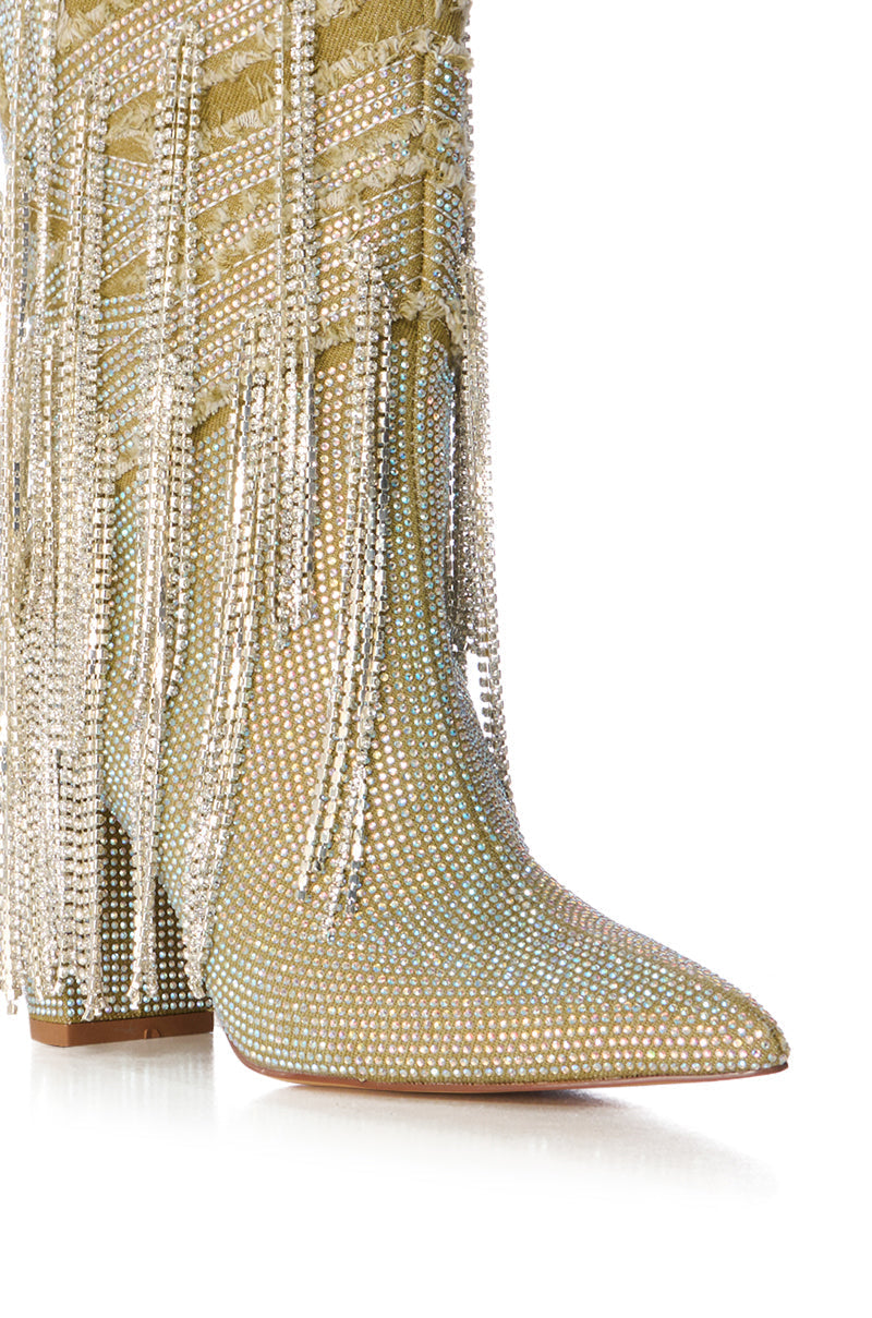 AZALEA WANG RENTLESS SILVER SAGE DENIM DIAMOND DRIP BOOTIE