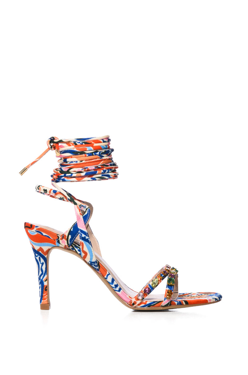 AZALEA WANG RHONDA EMBELLISHED LACE UP SANDAL IN MULTI