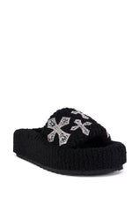 AZALEA WANG SUTTONED BLACK CROSS EMBELLISHED SLIP ON SANDAL