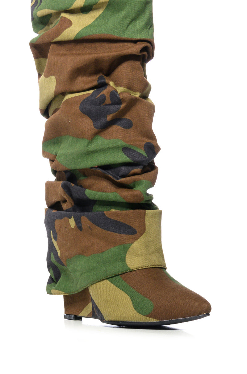 AZALEA WANG ZUMMA CAMO RUCHED WEDGE BOOT