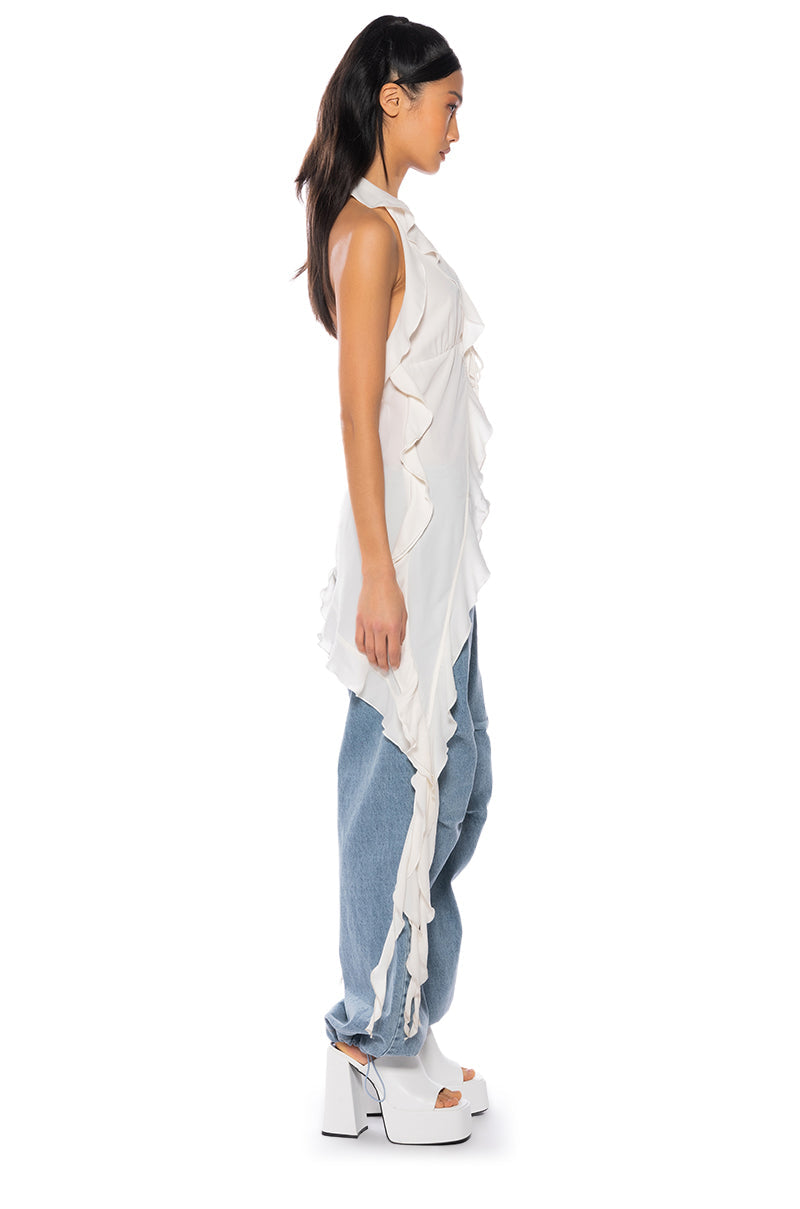 AZARI RUFFLED HIGH LOW SLEEVELESS BLOUSE