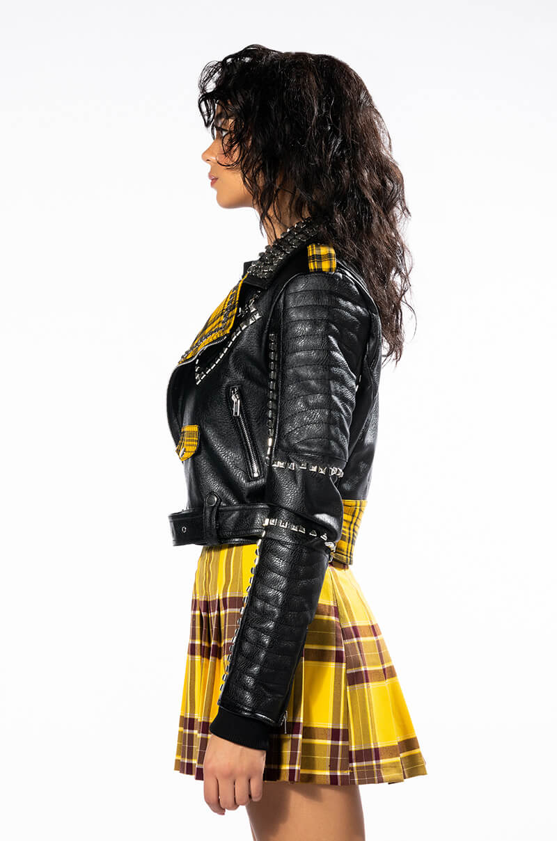 COLLEGIATE BACK TO SCHOOL PLAID MOTO JACKET