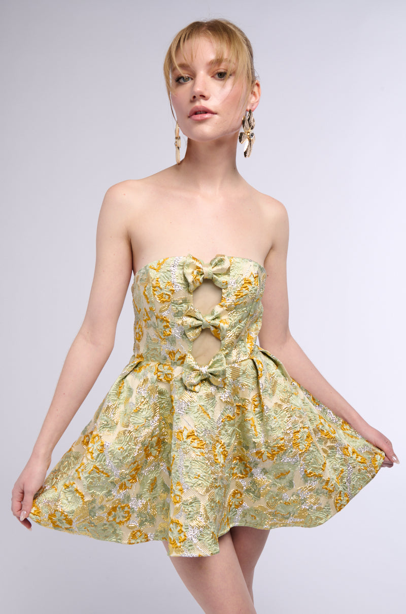 BELLE OF THE BALL BROCADE MINI DRESS IN GREEN MULTI