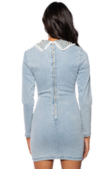 BEJEWELED COLLAR DENIM MINI DRESS