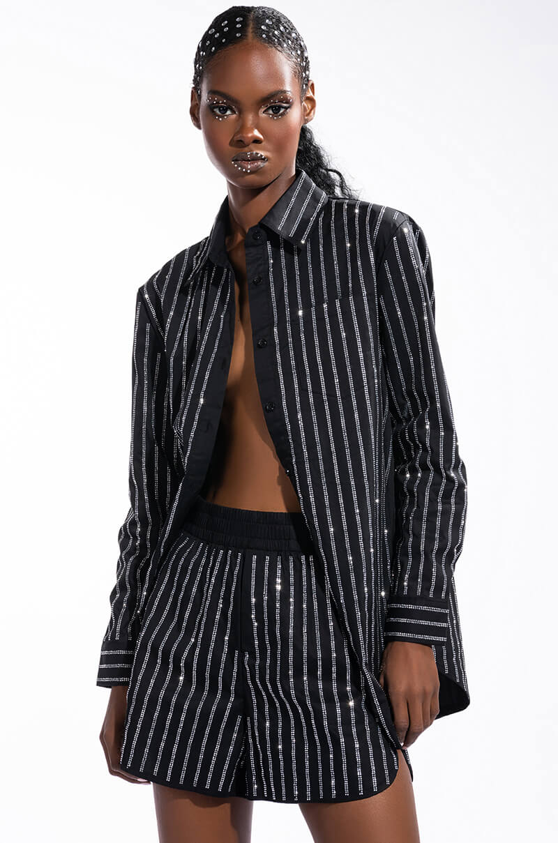 DRIPPIN RHINESTONE PINSTRIPE BUTTON UP