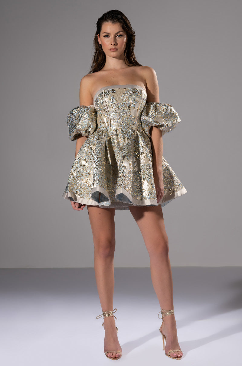 ELOISE OFF THE SHOULDER BROCADE DRESS