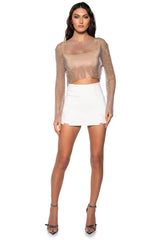 GLISTENING RHINESTONE MESH LONG SLEEVE TOP