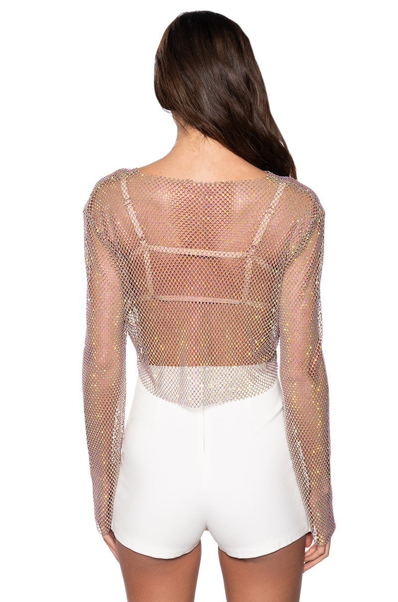 GLISTENING RHINESTONE MESH LONG SLEEVE TOP