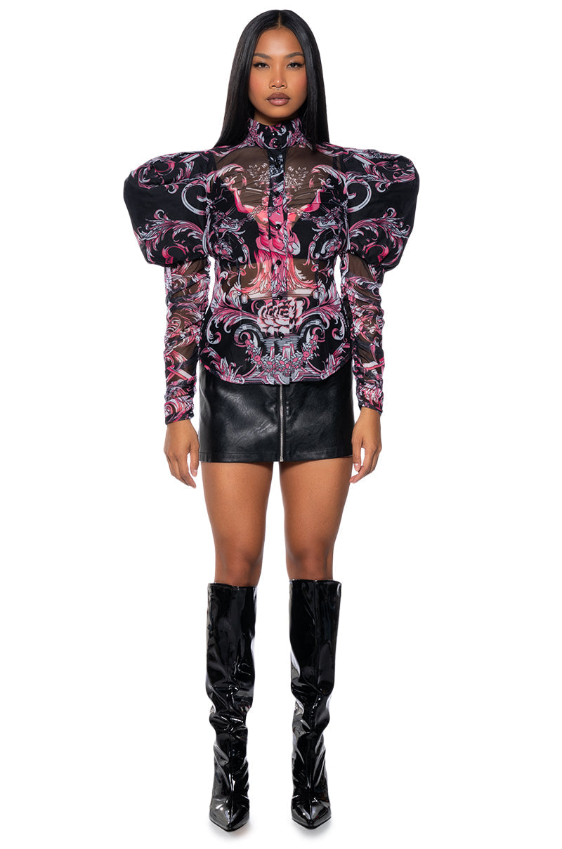 GRECIAN ISLANDS PUFF SHOULDER MESH BUTTON DOWN BLOUSE