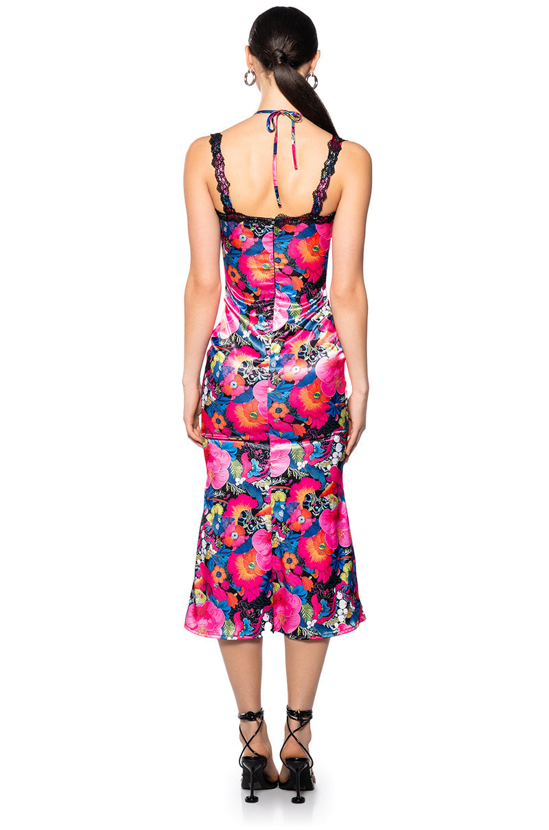 GROOVY BABY PRINTED SATIN MIDI DRESS