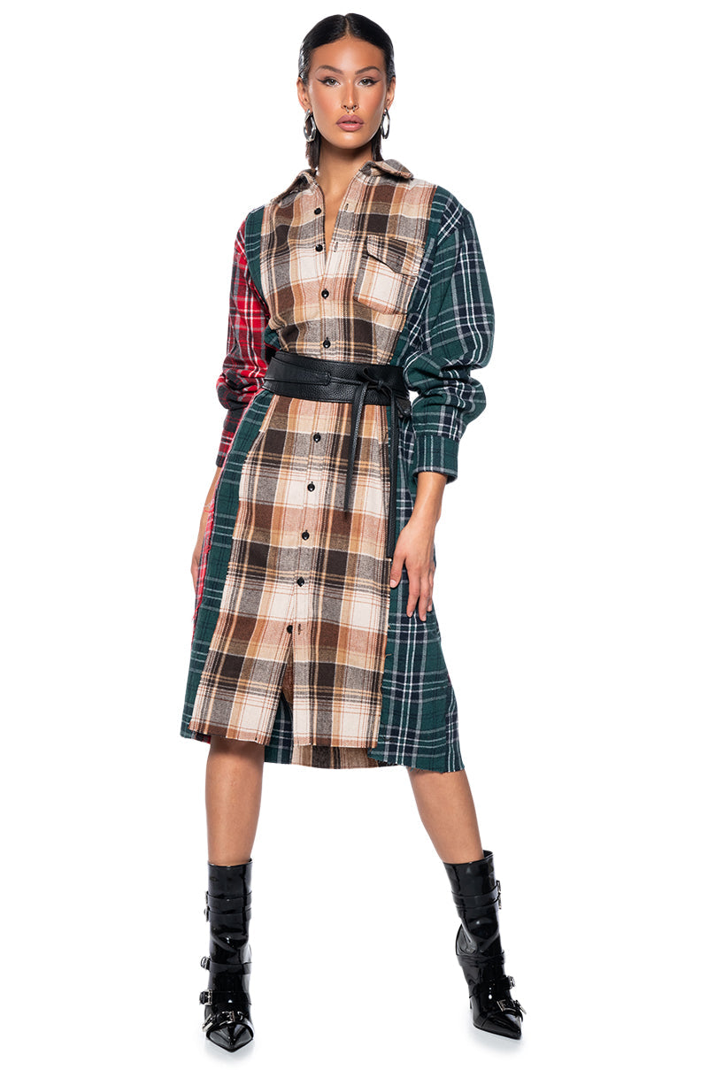 GRUNGE GIRL MIXED PATCHWORK OVERSIZED LONG PLAID TOP