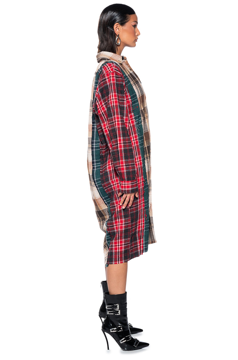GRUNGE GIRL MIXED PATCHWORK OVERSIZED LONG PLAID TOP